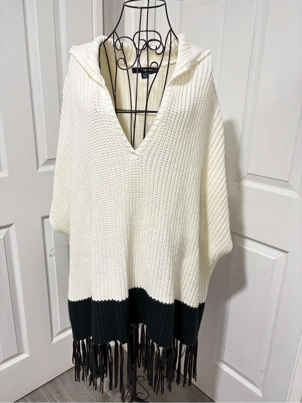 Denim 24/7 Cozy Hooded Fringe Poncho Sweater - Ivory with Black Trim Plus Size
